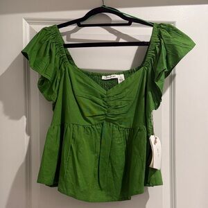 Smocked Square-Neck Green Peplum Blouse